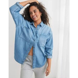 Aerie Anytime Fave Denim Shirt Women's L Oversized Long Sleeve Pockets Blue